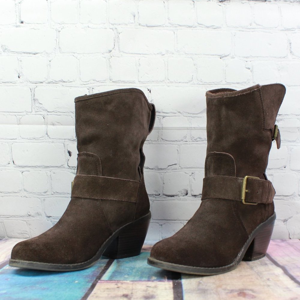 Dolce Vita Brown Suede Buckles Mid Calf Cuban Heel Boots Size 8.5 - Picture 2 of 9